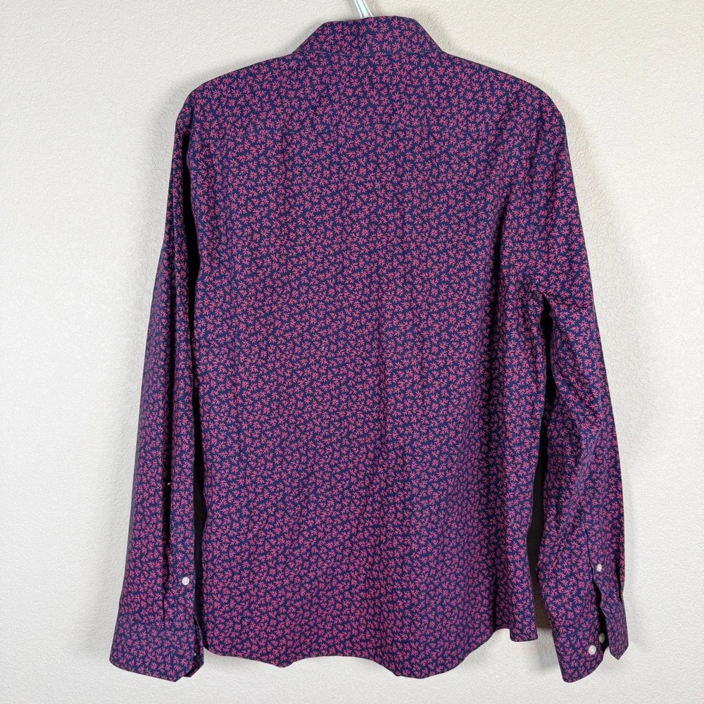 Banana Republic Untucked Slim Fit Shirt Mens L Navy Blue Red Floral Non-Iron